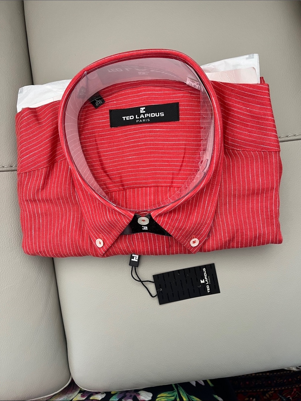 Ted Lapidus Men’s Red Pinstripe Short Sleeve Linen Button-Down Shirt Brand New